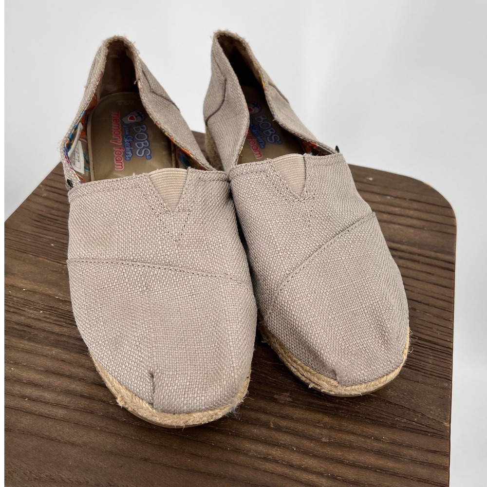 BOBS from Skechers Womens Taupe Canvas Espadrille Wedge Shoes W9.5 Memory Foam